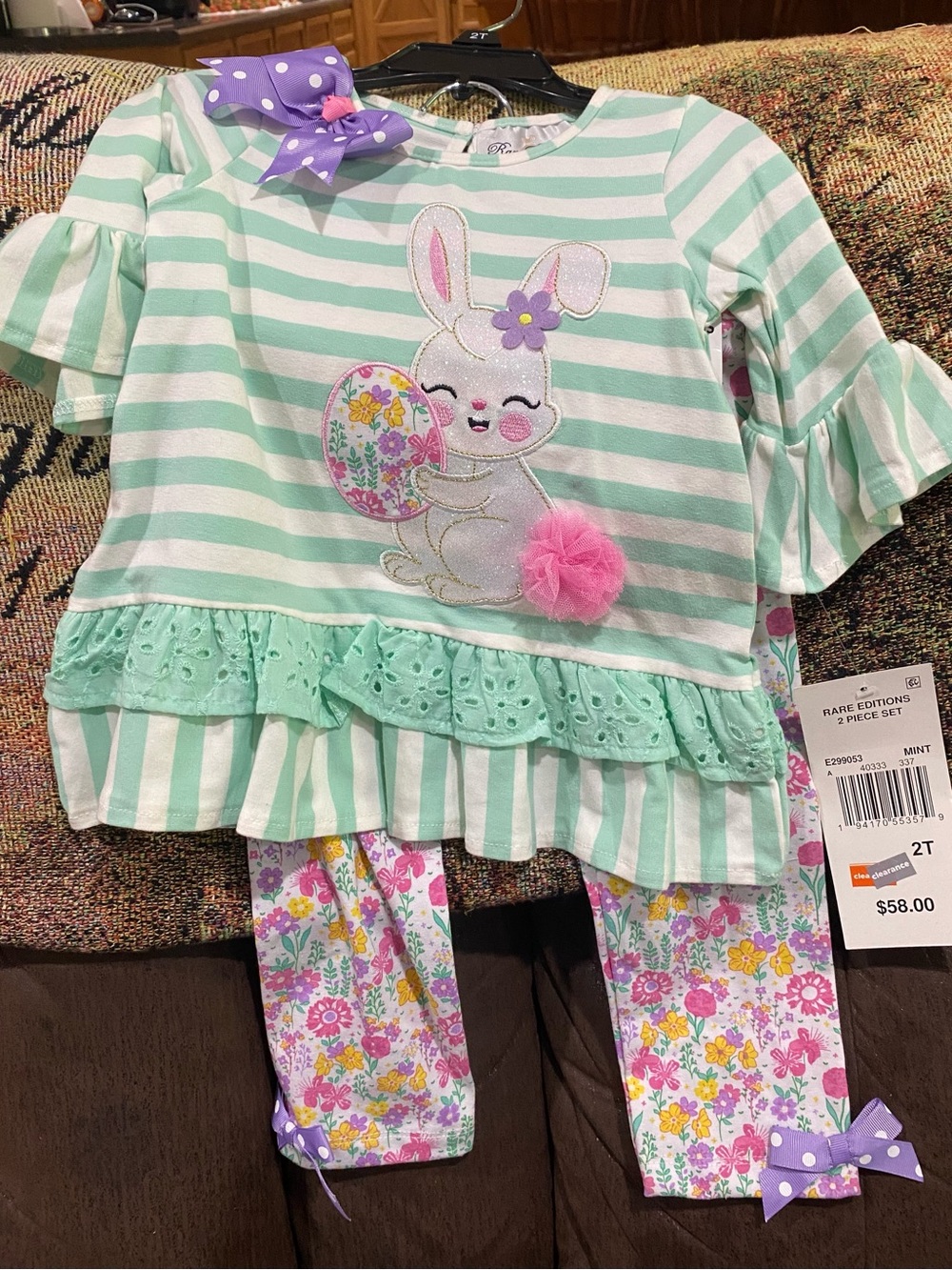 Rare Editions Mint & White Striped Bunny Top with Floral Leggings